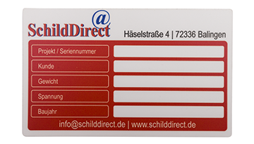Typenschild aus bedrucktem Aluminium
